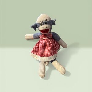 Handmade Sock Monkey Doll with Red Gingham Dress